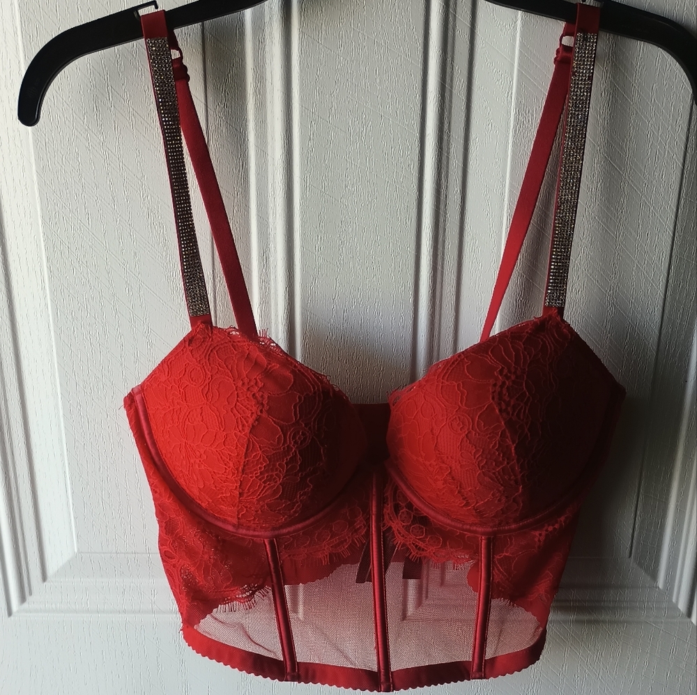 Victoria's Secret Red Lace Shiny Strap Push-up Bra Corset Top in 34D